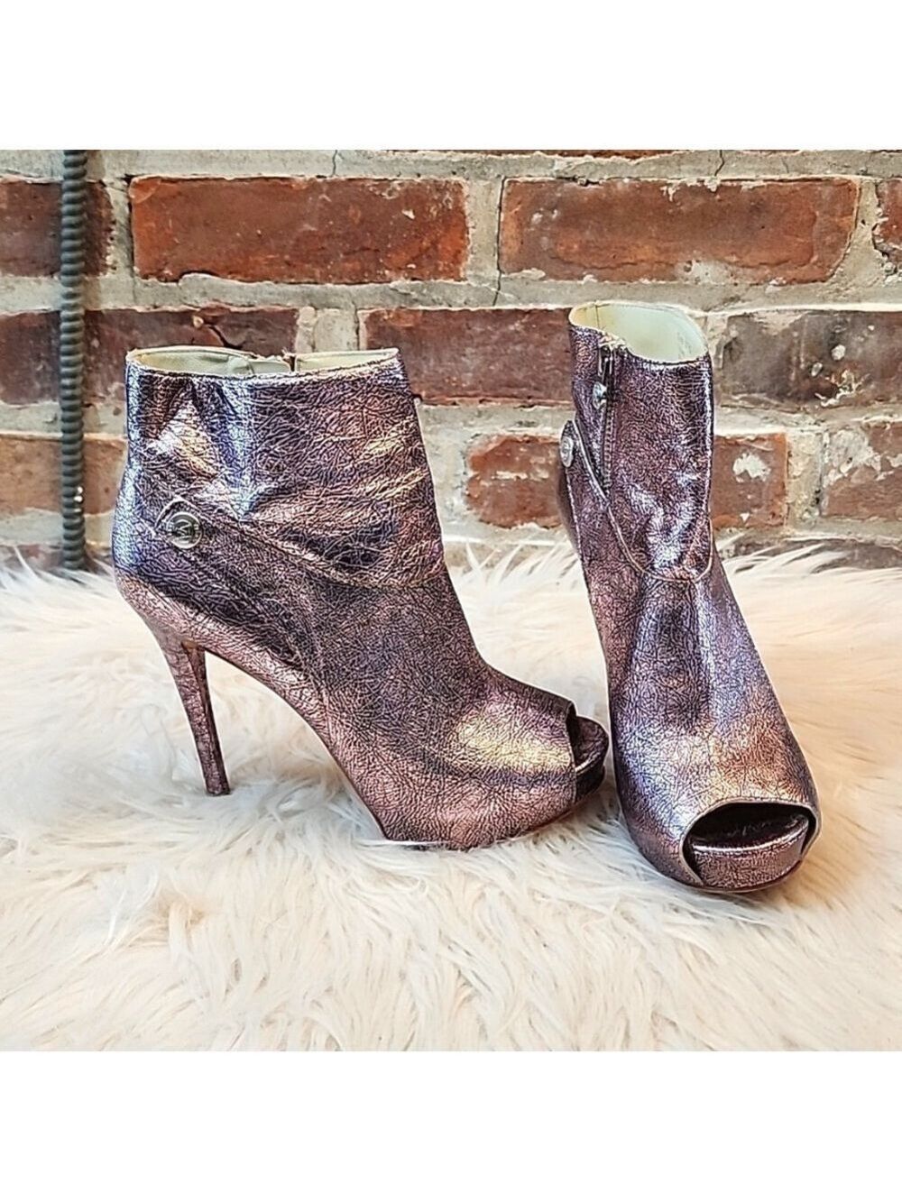 Velvet Angels Opium Leather Peep-toe Platform Heels, Size 7.5